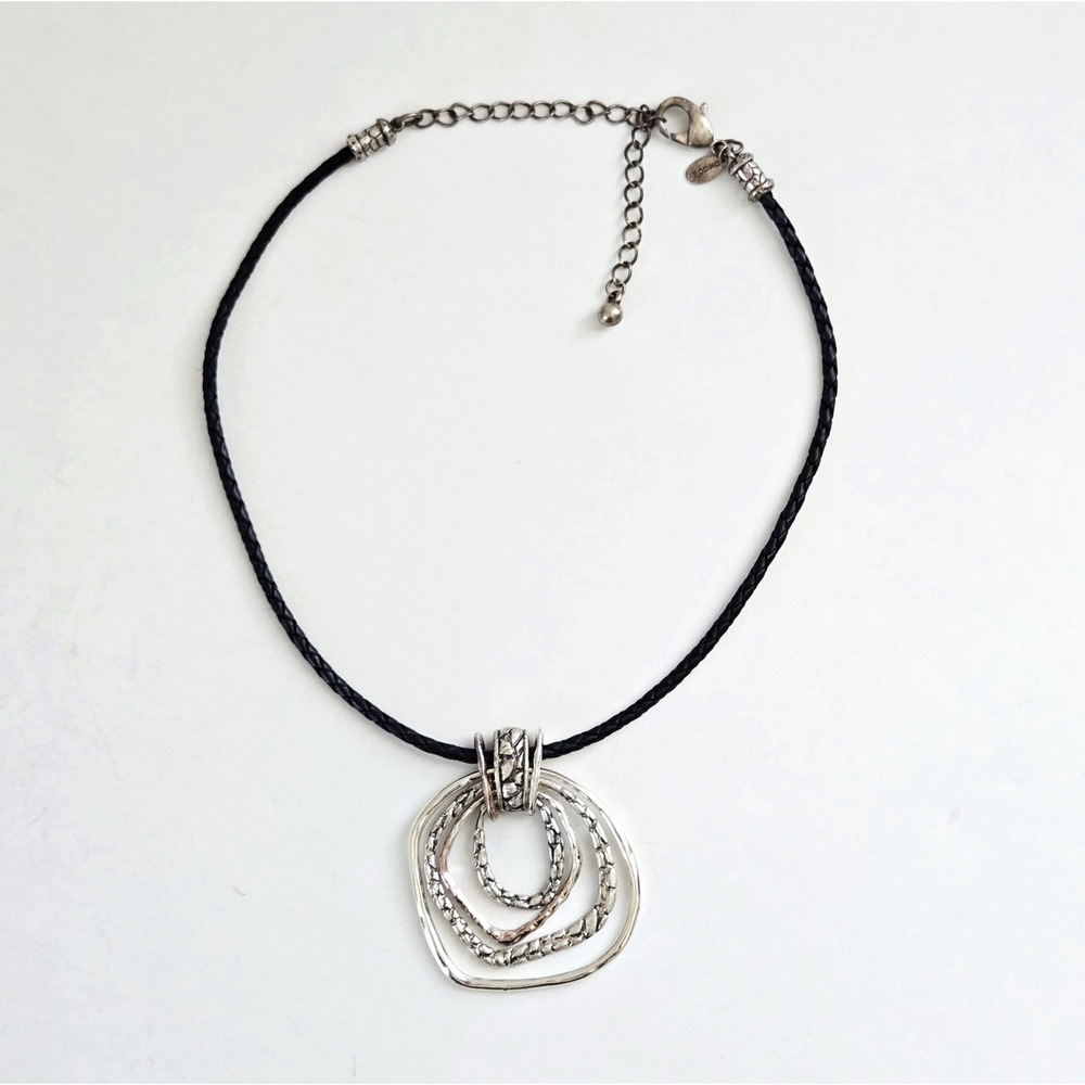 Chicos Pendant Cord Necklace Silvertone Modern Brutalist Tribal Southwest Boho